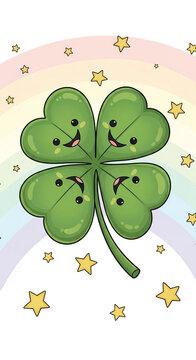 Illustration of a green four-leaf clover with cartoon faces and stars, on a rainbow background, representing luck and happiness for St Patrick's Day
