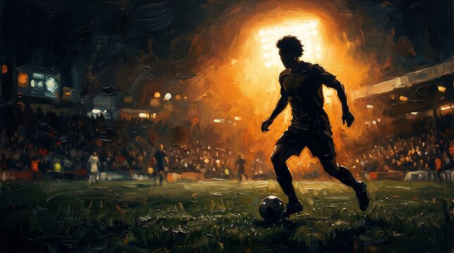 Silhouette of Soccer Player Dribbling Ball in Stadium at Night