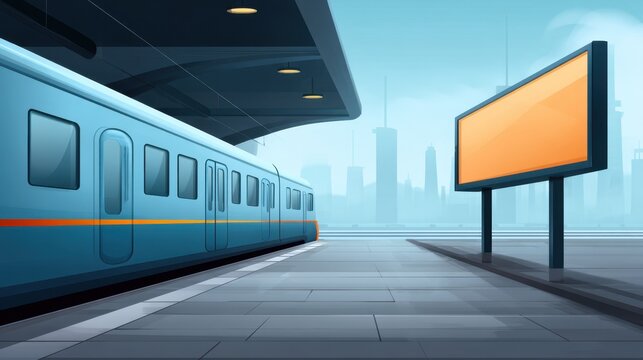 Modern train station platform with urban skyline, vibrant blue train waiting, empty advertisement board in foreground, clear blue sky backdrop