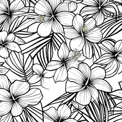 Obraz premium Detailed black and white tropical hibiscus pattern with bold leaves for fabric, wallpaper, packaging, and decorative print. 