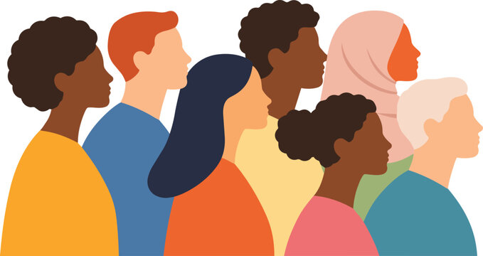 Diverse people side profile group multicultural community flat vector illustration.