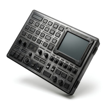 Black electronic music production device with buttons and screen.