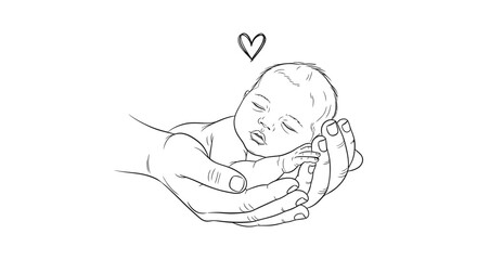 Obraz premium Hand holding sleeping baby illustration isolated on white background representing new life protection and parental care concept