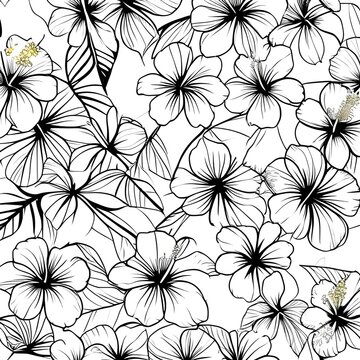 Elegant botanical line pattern with thin wildflower stems, soft open blooms, and natural flowing leaves, monochrome hand drawn illustration for fabric design, wallpaper, stationery, invitation cards, 