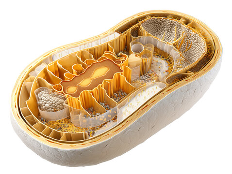 Human mitochondria anatomy cross section illustration showing cristae inner membrane folds intermembrane space and matrix structure in warm amber gold tones on white background