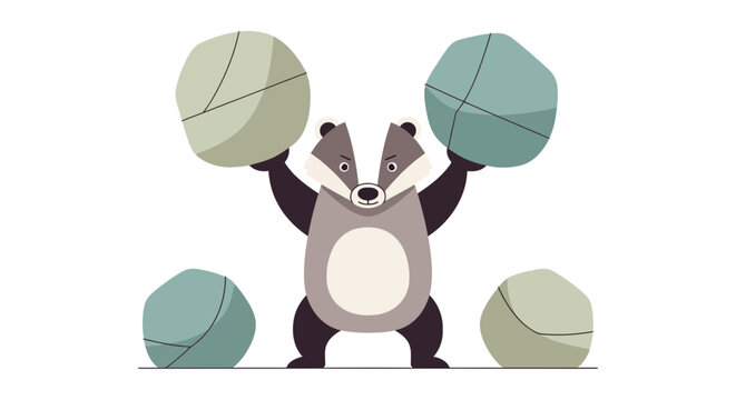 Cartoon badger lifting heavy geometric stone weights overhead in a cute vector illustration against a plain white backdrop
