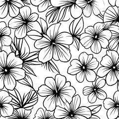 Fototapeta premium Monochrome blooming flower pattern with simple hibiscus style petals and fine leaf outlines, clean hand drawn botanical line design for surface pattern, apparel print, scrapbook paper, product packagi