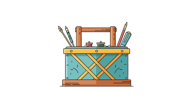 Craft tool box with paint brushes spools of thread and drawing pen in cartoon style illustration on white background for creative projects