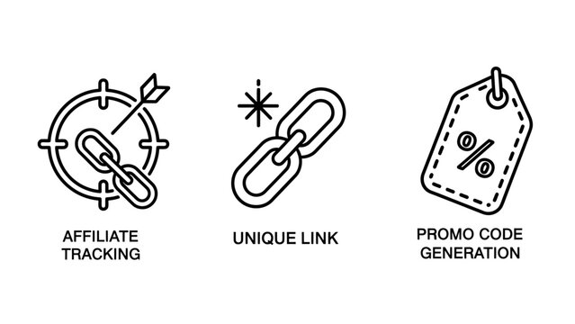 Affiliate marketing icons: tracking unique link promo code generation unique identifier discount code deal generation online advertisement affiliate program tracking generation marketing
