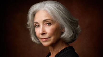 Fototapeta premium Elegant Portrait of Mature Woman with Silver Hair, Captivating Expression, Soft Lighting, Classic Beauty, Timeless Charm, Close-Up Studio Photography