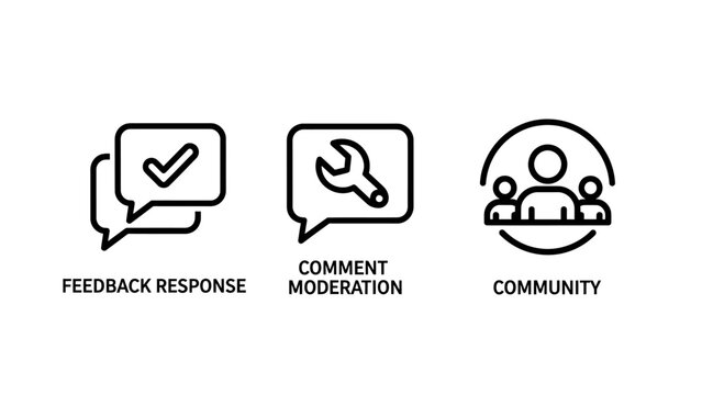 Feedback response comment moderation community icons with feedback response moderation community communication discussion checkmark illustration collection interaction engagement management