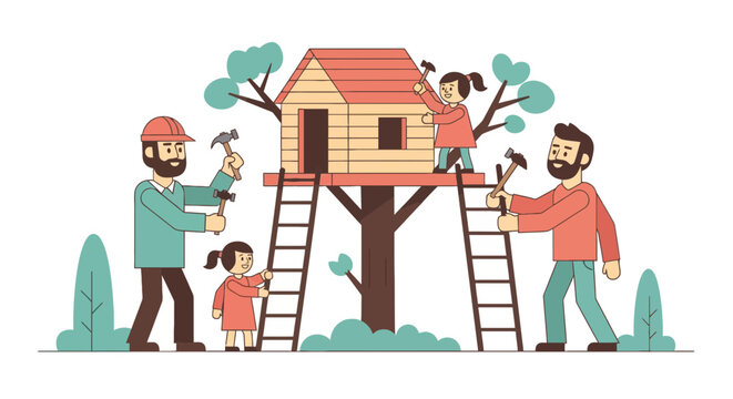 Father and daughter building a treehouse with hammers in cartoon vector illustration; woodworking family project in outdoor setting