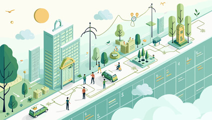 Naklejka premium A serene illustration depicting a green urban park with directional arrows suggesting growth or movement. Ideal for concepts around sustainability, pl