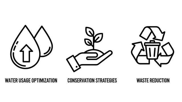 Environmental icons for water saving conservation waste reduction with save water reduce waste eco friendly zero waste optimization conservation strategy reduction environment sustainability