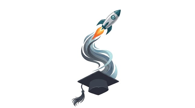 Graduation Cap and Rocket Launching for Career Acceleration and Professional Growth Concept
