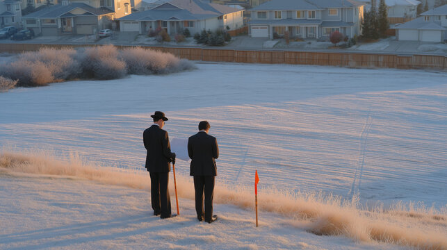 Orange surveyor flags dot a frost-covered suburban lawn at early morning mist, two attorneys in suits examine printed plat map near the disputed fence line, property boundary conflict, land survey d