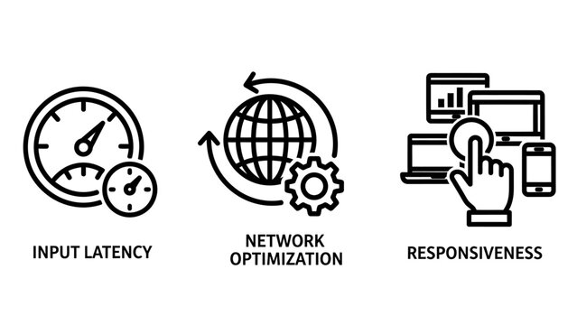 Technology performance icons illustrating input latency network optimization with a globe and gear system responsiveness black and white background optimization responsiveness