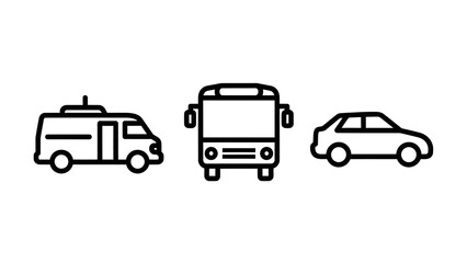 Fototapeta premium Outline icons of various ground vehicles including a van bus sedan car with thin line public transport private transport motor vehicle black and white vehicles transportation automobile
