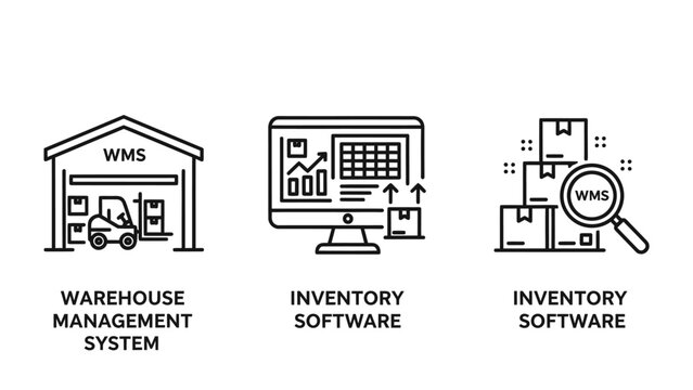 Warehouse management system (wms) and inventory software line icons set for logistics and supply chain with stock management e commerce warehouse management inventory software logistics