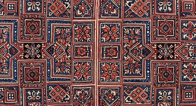 Traditional Indian Ajrakh block print pattern with indigo and red motifs for ethnic textile design