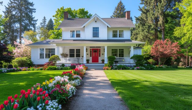 Charming white home with welcoming porch and red door surrounded by blooming spring tulips