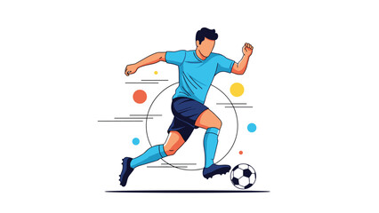 Obraz premium Dynamic male soccer player in a blue kit dribbles a ball across a white background with abstract design elements.