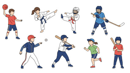 Fototapeta premium Collection of active children practicing various sports including basketball karate hockey baseball and running.