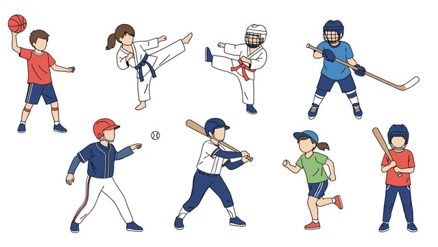 Collection of active children practicing various sports including basketball karate hockey baseball and running.