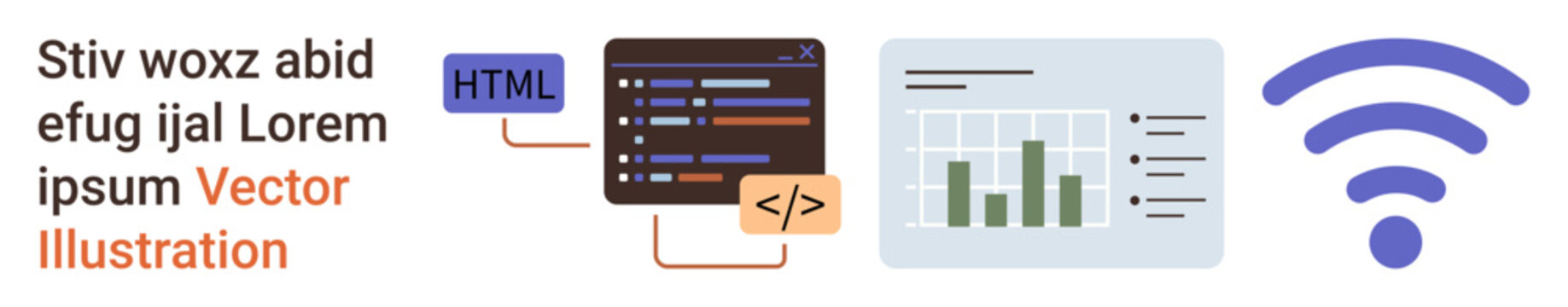 Web development, data analytics, wireless technology, software coding, networking, information systems. Code snippets, charts and a wireless icon. Web development and data analytics concept
