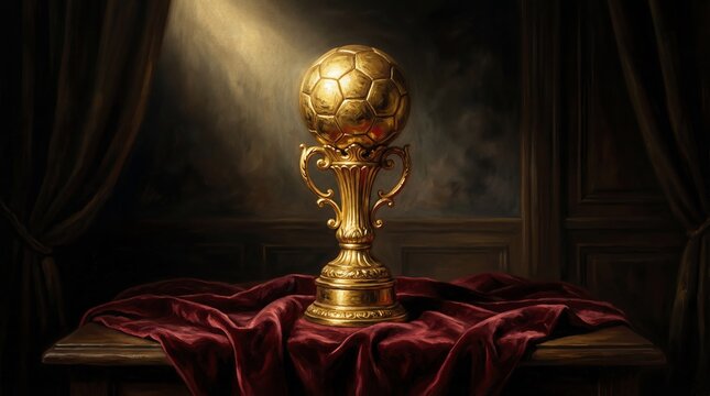 Golden Soccer Ball Trophy on Vintage Stage with Dramatic Lighting