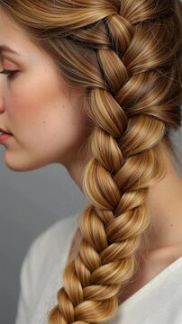 Elegant blonde woman with a classic French braid hairstyle, side profile view