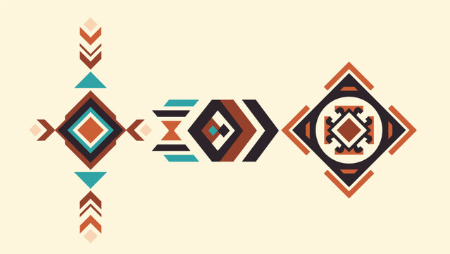 Set of traditional tribal and ethnic geometric motifs in warm earth tones for pattern design and cultural art.