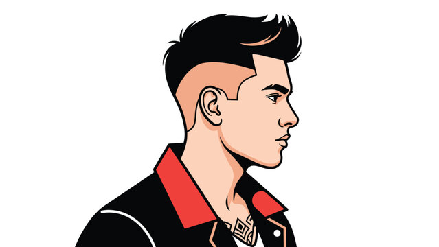Side profile of a young man with a modern undercut hairstyle and a black jacket with a red collar against white.