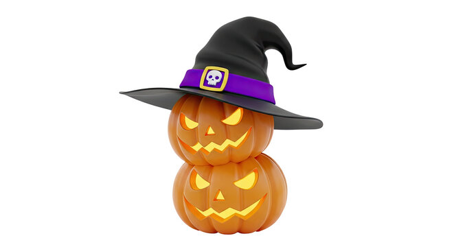 Stack of Carved Halloween Pumpkins wearing a Witch Hat