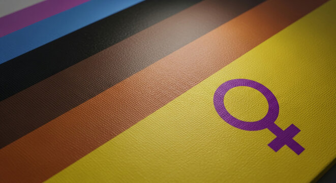 Striped colorful background with different skin tones, featuring female symbol on yellow surface, representing inclusion, diversity and gender equality