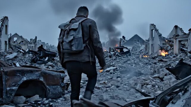 Man walks through destroyed city with ruins and fire. Survivor explores war destruction zone. Man with backpack surveys ruins. City devastation with smoke and fire. War aftermath in ruins.