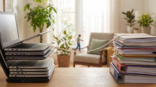 Miniature man balancing on tightrope between laptops and office paperwork