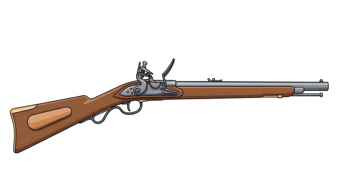 Historical flintlock musket rifle used during the American Revolution, featuring wooden stock and metallic firing mechanism.