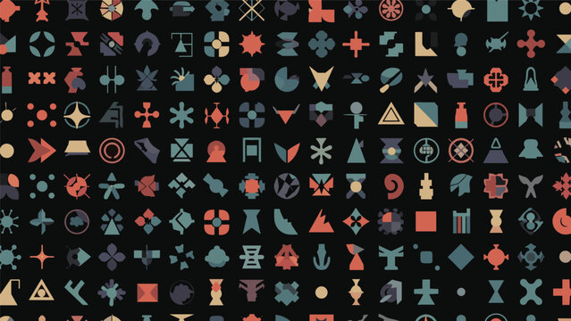 Extensive grid of small abstract icons and geometric symbols in a vintage color palette on a black background.