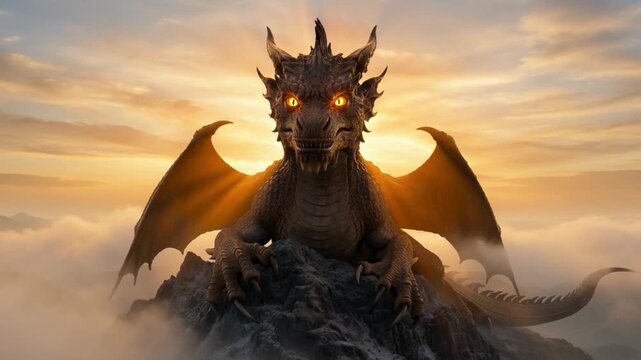 Ancient Myth Creature Dragon on Snowy Mountain Top at Sunset
