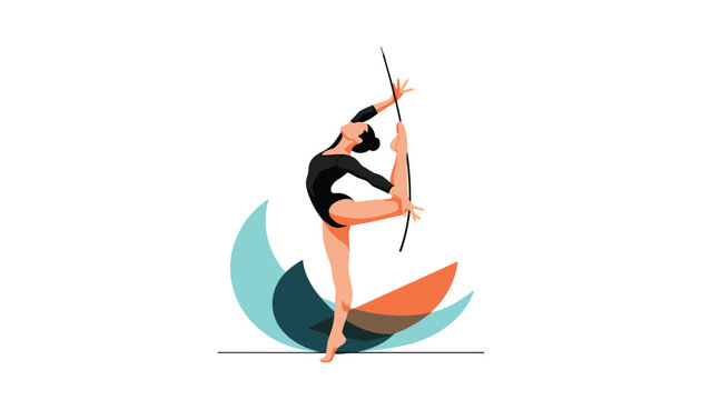Graceful rhythmic gymnast in a black leotard performs a flexible move with a hoop against a background of abstract colorful shapes.