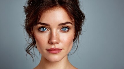 Fototapeta premium Captivating Portrait of a Young Woman with Blue Eyes and Natural Makeup Posing against a Plain Gray Background in Studio Lighting