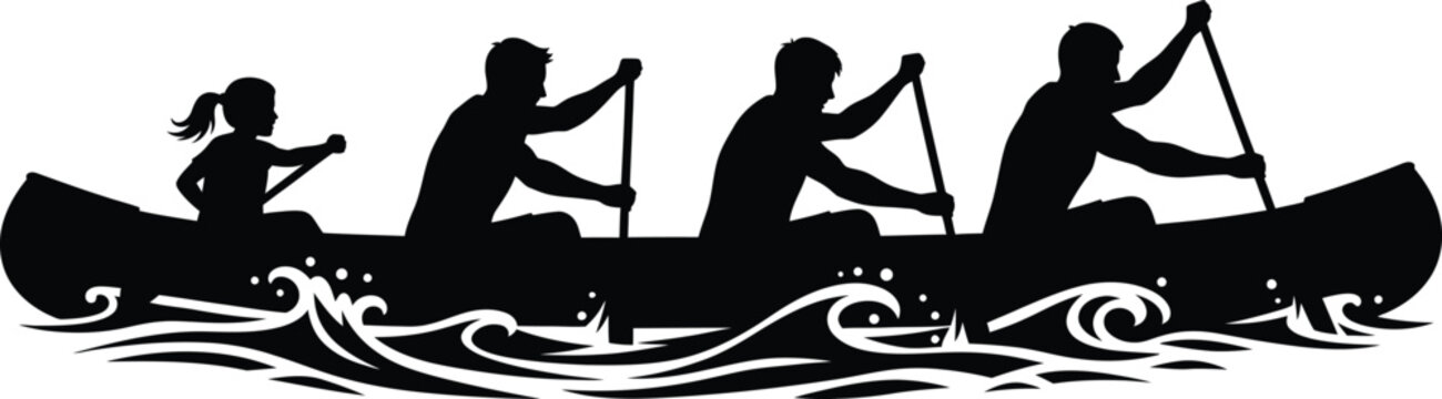Black silhouette of four people rowing a canoe on stylized waves black and white