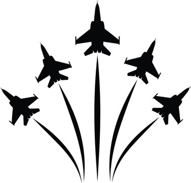 Five black fighter jets in formation with trails on white background jet plane airplane military aircraft