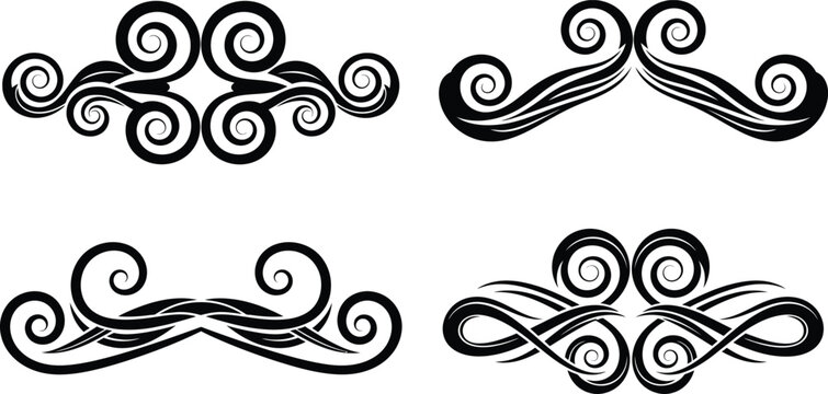 Four black ornamental scrollwork with swirling patterns and leaf flourish curl