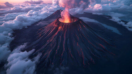 Fototapeta premium Active Volcano Erupting Lava and Smoke at Sunset, Aerial View