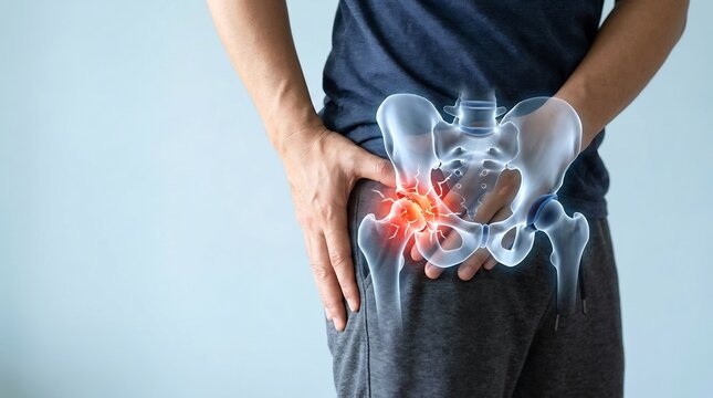 Patient experiences chronic hip pain while a digital anatomy overlay highlights the inflamed joint area in a medical concept.