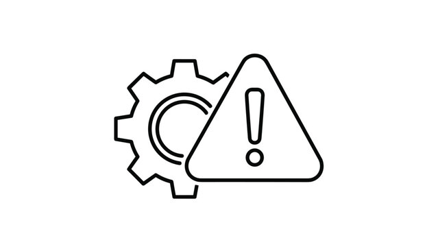 System error or problem outline icon featuring a gear (cogwheel) next to an exclamation mark in a triangle, indicating technical issues or warnings.