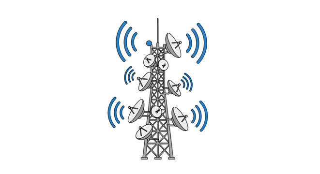 Illustration of a cellular tower with multiple satellite dishes transmitting signals