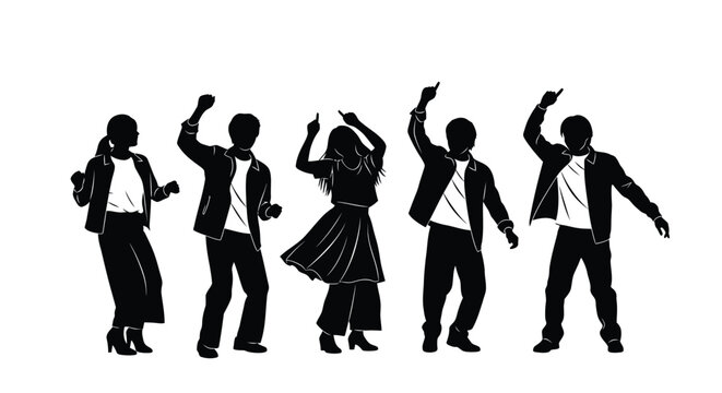 Silhouettes of people dancing and celebrating with arms raised high